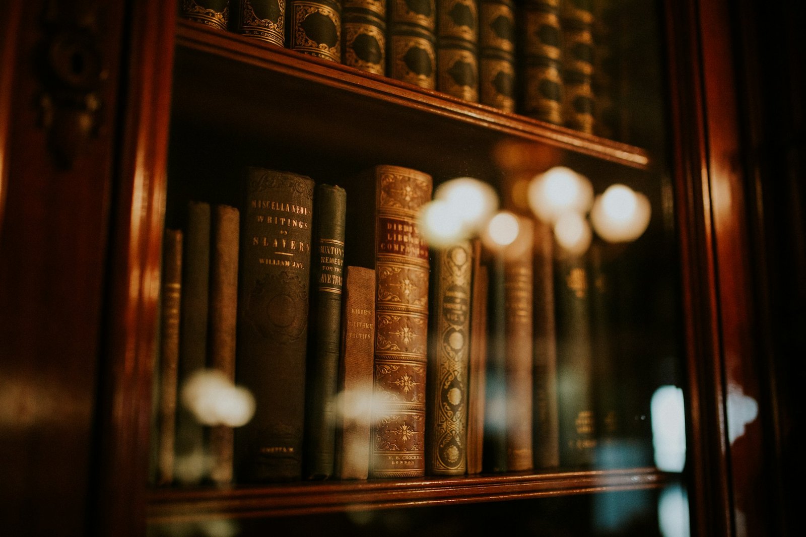 Bound volumes behind the glass door of a cabinet